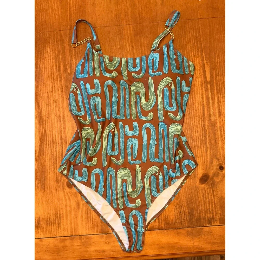 Abstract Print One Piece Swimsuit Brown Teal Gold Chain Straps XL Fits Large